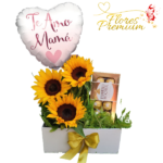 CAJA RECTANGULAR DE 3 GIRASOLES, BOMBONES FERREROS ROCHER 100GRS Y GLOBO