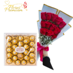 RAMO 12 ROSAS Y DELICIOSA CAJA DE CHOCOLATES FERREROS ROCHER DE 24 UNIDADES