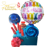 CAJA ESPECIAL PASCUA, 5 CONEJOS CHOCOLATE, MONEDAS CHOCOLATES, PELOTA Y GLOBOS