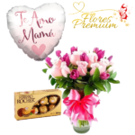 FLORERO DE 10 ROSAS 10 TULIPANES DIA DE LAS MADRES, FERRERO ROCHER 100 GRS Y GLOBO