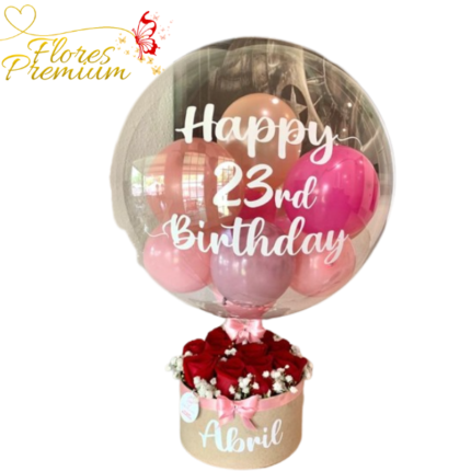 BOX PERSONALIZADO DE 10 ROSAS Y GLOBO BURBUJA PERSONALIZADO