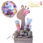 BASE MADERA PASCUA, 4 HUEVOS PASCUA, PELUCHITO, GOMA SLIME Y GLOBITO