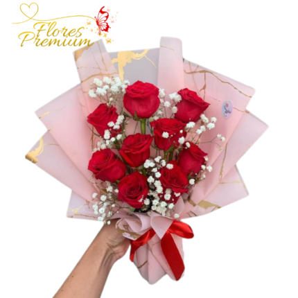 RAMO EXTENDIDO DE 9 ROSAS, GYPSOPHILA Y LINDA ENVOLTURA