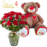 FLORERO DE 30 ROSAS Y PELUCHE 60 CM