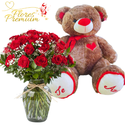 FLORERO DE 30 ROSAS Y PELUCHE 60 CM