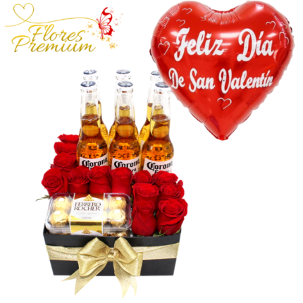 CAJA DE 12 ROSAS, 6 CERVEZAS, BOMBONES FERREROS 100GRS Y GLOBO