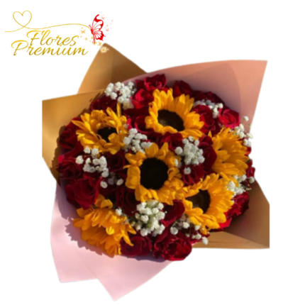 RAMO DE 15 ROSAS 6 GIRASOLES E ILUMINACION