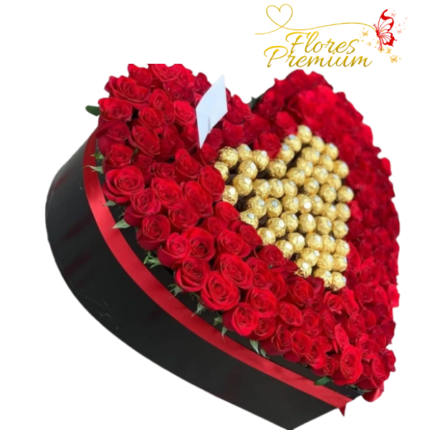 CAJA CORAZON PREMIUM DE 100 ROSAS Y 50 FERREROS ROCHER