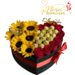 CAJA CORAZON DE 9 ROSAS, GIRASOLES Y 15 BOMBONES FERREROS ROCHER