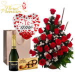 CANASTA DE 24 ROSAS, BOMBONES 100GRS, CHAMPAGNE Y GLOBO