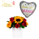 BOX DE 5 ROSAS, 4 GIRASOLES Y GLOBO