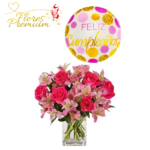 CUBO DE 6 ROSAS CON ASTROMELIAS + GLOBO