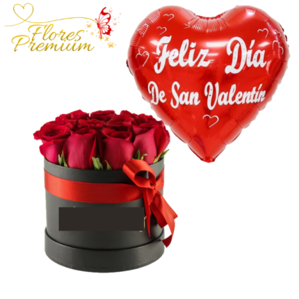 CAJA CILINDRICA BOX DE 12 ROSAS IMPORTADAS Y GLOBO