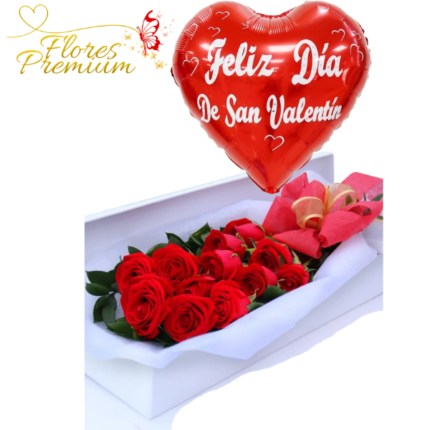 CAJA DE 12 ROSAS IMPORTADAS Y GLOBO