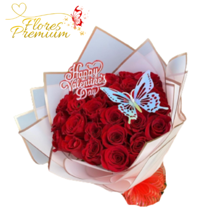 RAMO DELICADO DE 24 ROSAS TIPO BOUQUET, TOPPER Y MARIPOSA