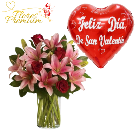FLORERO DE 6 ROSAS CON LILIUM Y GLOBO