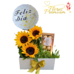 CAJA RECTANGULAR DE 3 GIRASOLES, BOMBONES FERREROS ROCHER 100GRS Y GLOBO