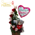 ARREGLO DE 12 ROSAS, BOMBONES DEL SUR, PELUCHE DE 25CM Y GLOBO