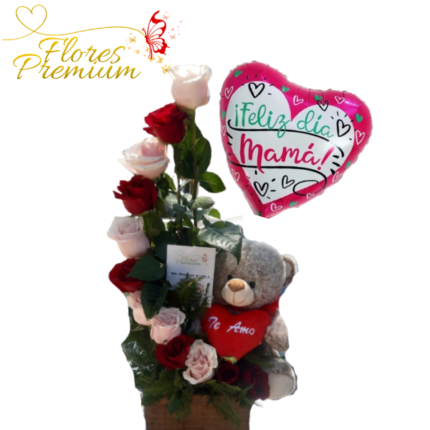 ARREGLO DE 12 ROSAS, BOMBONES DEL SUR, PELUCHE DE 25CM Y GLOBO