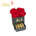 CAJA CUADRADA PERSONALIZADA DE 4 ROSAS Y 12 BOMBONES FERREROS ROCHER