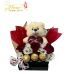 BELLO DETALLE DE 3 ROSA 3 BOMBONES Y PELUCHE DE 25 CM