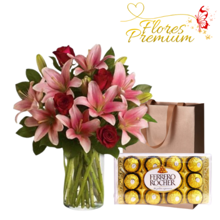 FLORERO DE 6 ROSAS CON LILIUM Y BOMBONES FERREROS ROCHER 150 GRS