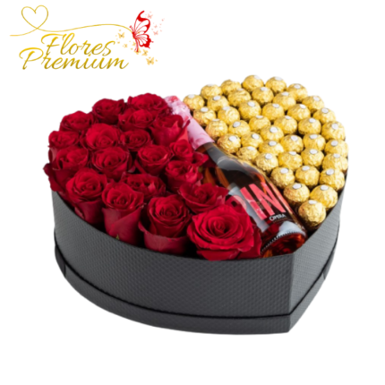 CAJA ANIVERSARIO CORAZON DE 18 ROSAS ESPUMANTE 750ML Y 40 BOMBONES