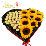 CAJA CORAZON DE 9 GIRASOLES Y 35 BOMBONES