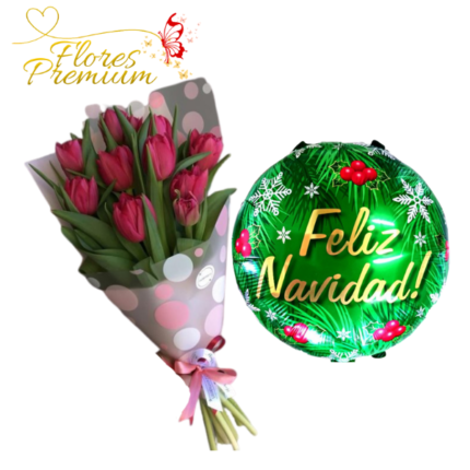 RAMO DE 12 TULIPANES + GLOBO NAVIDEÑO