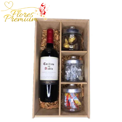 CAJA DIVISORA DE VINO 750ML, 3 MIX VARIADOS DE BOMBONES Y FRUTOS SECOS