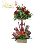 BASE DE DOS PISOS CON FLORES ESPUMANTE Y GOLOSINAS