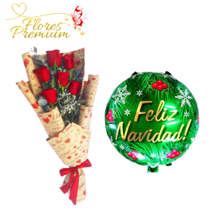 RAMO EXTENDIDO DE 6 ROSAS + GLOBO NAVIDEÑO
