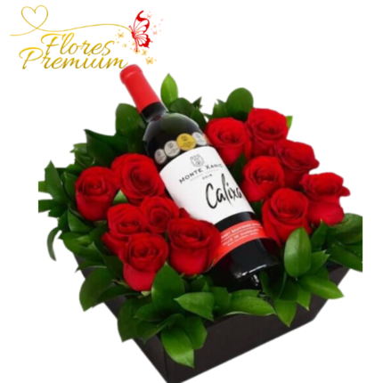 ARREGLO DE 12 ROSAS Y VINO 750ML