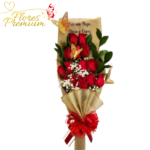 RAMO EXTENDIDO PERSONALIZADO CON 15 ROSAS, FOLLAJE, ENVOLTURA Y LAZO