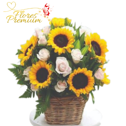 CANASTA DE ROSAS Y GIRASOLES