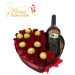 CAJA CORAZON DE 24 ROSAS, BOMBONES Y BAILEYS