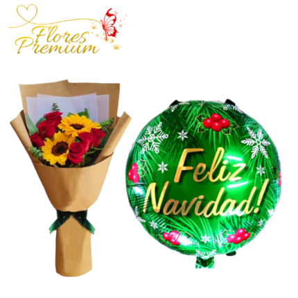 ELEGANTE RAMO DE 2 GIRASOLES Y 6 ROSAS + GLOBO NAVIDEÑO