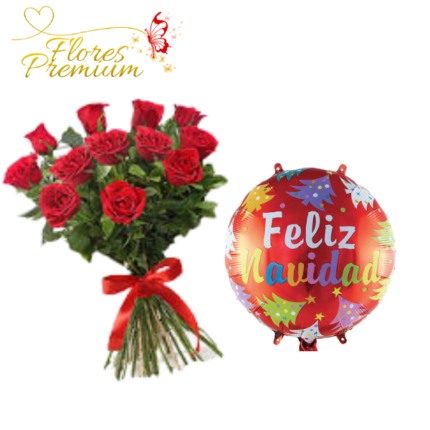 RAMO DE 12 ROSAS + GLOBO NAVIDEÑO