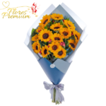 RAMO EXTENDIDO DE 15 GIRASOLES, ENVUELTO EN PAPEL PREMIUM