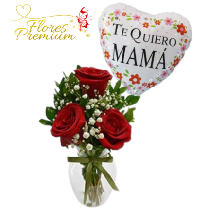 FLORERO DE 3 ROSAS, FOLLAJE Y GLOBO