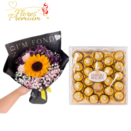 RAMO 1 GIRASOLES Y 2 ROSAS  CON DELICIOSA CAJA DE FERREROS ROCHER DE 300G