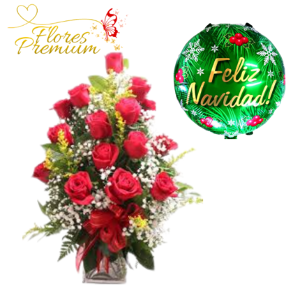 ARREGLO EN CUBO DE 15 ROSAS Y GLOBO NAVIDEÑO