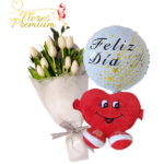 RAMO DE 10 TULIPANES, PELUCHE CORAZON 15CM Y GLOBO