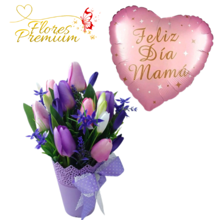 ARREGLO EN BASE DE 10 TULIPANES Y GLOBO FELIZ DIA MAMÁ