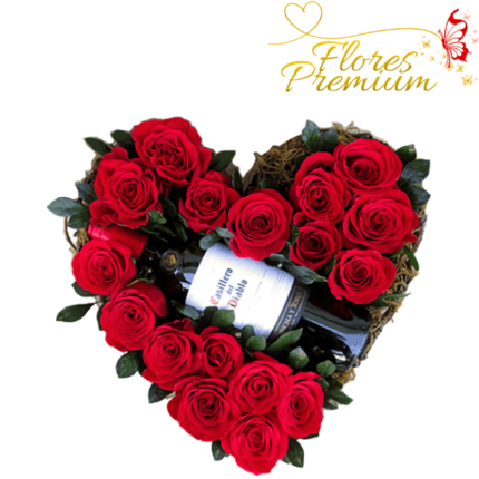 CAJA CORAZON DE 17 ROSAS IMPORTADAS Y VINO DE 750ML