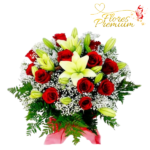 RAMO DE BOUQUET 12 ROSAS, LILIUM, FOLLAJE E ILUMINACION