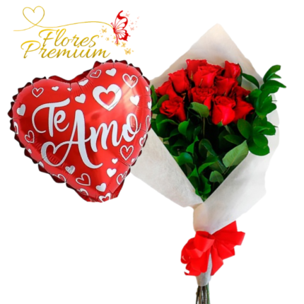 RAMO DE 12 ROSAS IMPORTADAS Y GLOBO METALIZADO