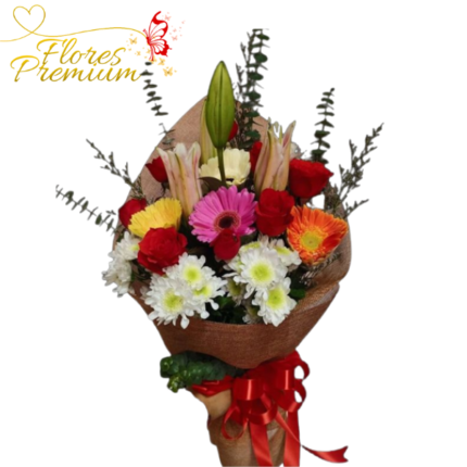 RAMO DE MIX DE GERBERAS, LILIUM, ROSAS, MARGARITAS Y FOLLAJE