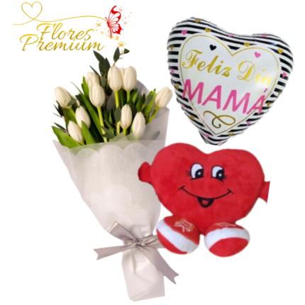 RAMO DE 10 TULIPANES, PELUCHE CORAZON 15CM Y GLOBO