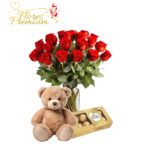 FLORERO 20 ROSAS + PELUCHE 25 CM + FERREROS ROCHER 100G
